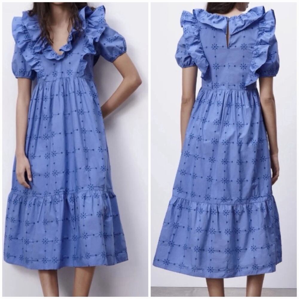ZARA Women’s S Blue Embroidered Eyelet Ruffle Puff Sleeve Midi Dress